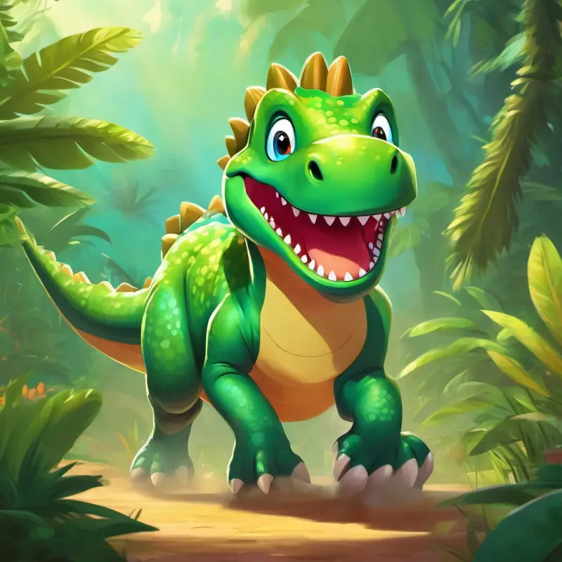 A playful, green dinosaur with a big smile and twinkling eyes and his friends race through the jungle, kicking up dust and making loud, playful sounds. Their colorful scales glint in the sunlight.
