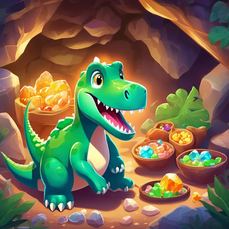In the cool cave, A playful, green dinosaur with a big smile and twinkling eyes and his friends discover shiny rocks and delicious snacks. They munch and crunch with joy, surrounded by twinkling gemstones.