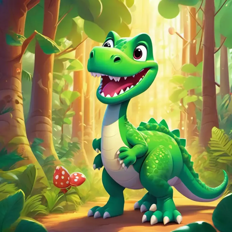 A playful, green dinosaur with a big smile and twinkling eyes and his friends journey through a magical, glowing forest, with their eyes gleaming in excitement. They march forward, determined to find the fabled candy mountain.