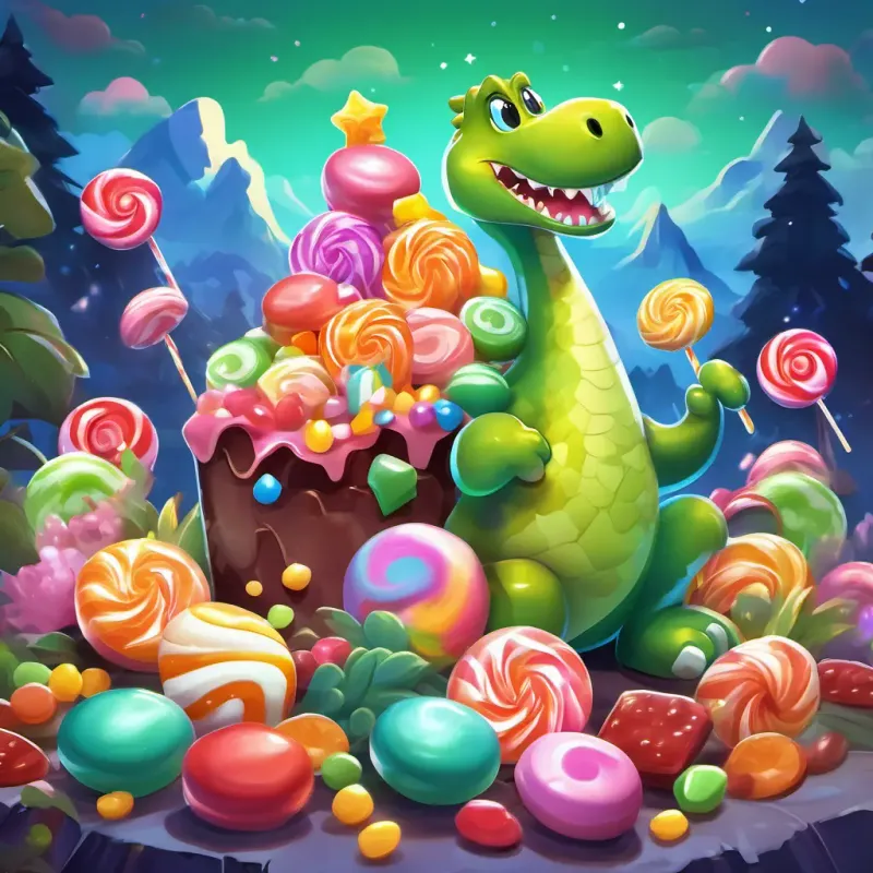 The candy mountain is made of colorful and tasty treats, shimmering in the moonlight. A playful, green dinosaur with a big smile and twinkling eyes and his friends celebrate with cheers and big bites of delicious candies.