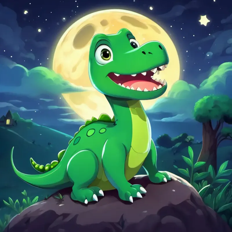 A small, green dinosaur with a playful smile and big, curious eyes, a cute green dinosaur with big eyes, is lying on a hill at night looking up at the stars.