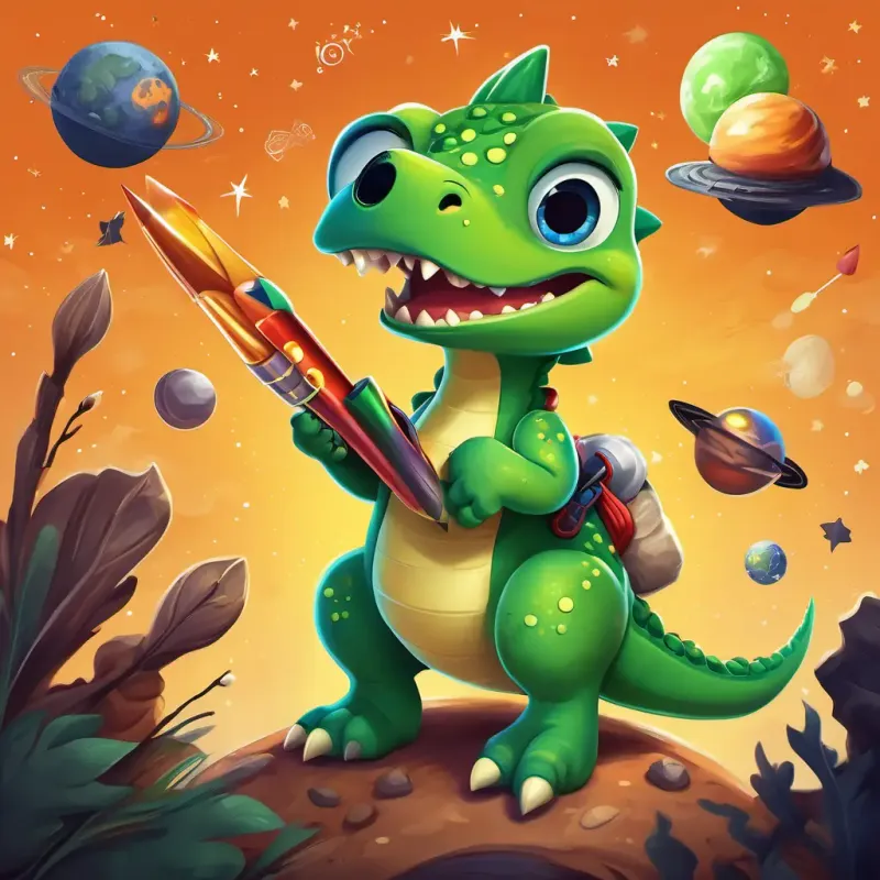 A small, green dinosaur with a playful smile and big, curious eyes creating a large makeshift rocket with arts and crafts materials, painted with stars and planets.