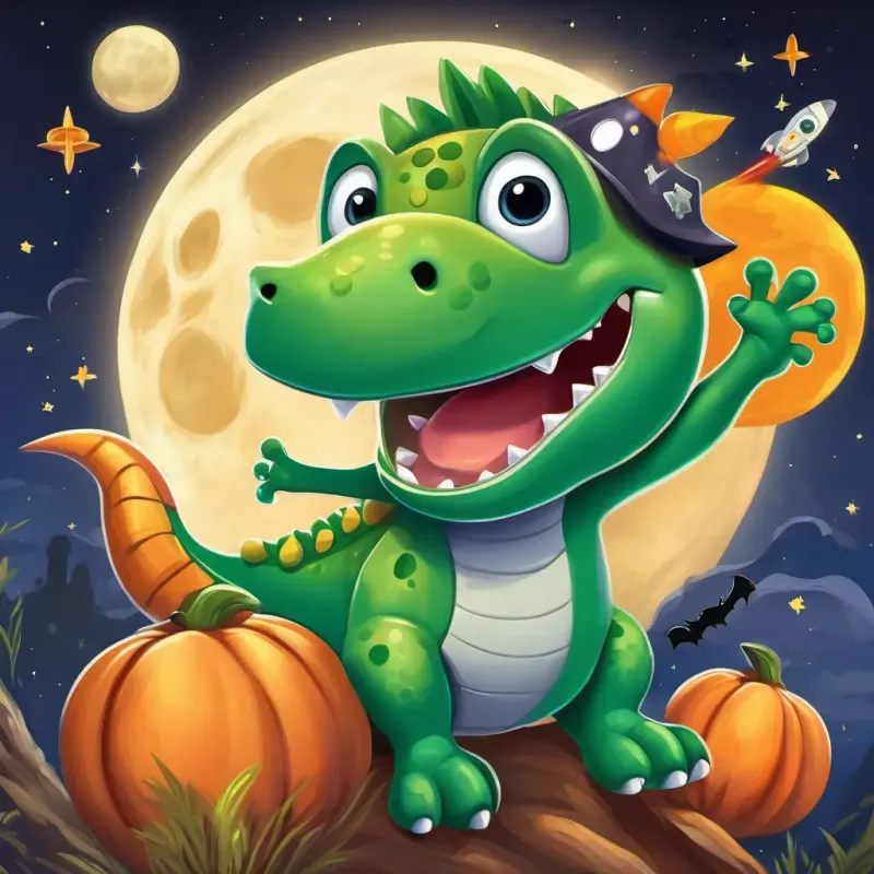 A small, green dinosaur with a playful smile and big, curious eyes in the cardboard rocket, waving at cheerful moon creatures while soaring past the moon.