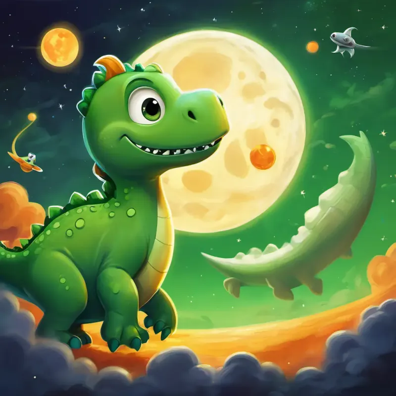 A small, green dinosaur with a playful smile and big, curious eyes’s rocket circling around Mercury and Venus, with A small, green dinosaur with a playful smile and big, curious eyes feeling the heat from Mercury and trying to peek through Venus's clouds.