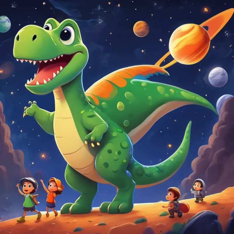 A small, green dinosaur with a playful smile and big, curious eyes looking in awe at the size of Jupiter compared to Pluto, with a variety of space friends waving goodbye as the rocket starts its journey back to Earth.