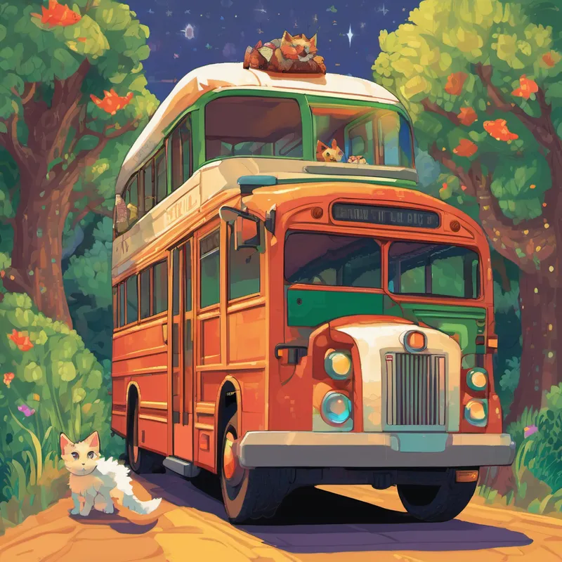 With a hop, skip, and jump, Eve and the kitten hopped onto the bus, followed closely by Julia. The little kitten, now safe and sound, curled up comfortably in Eve's arms. The bus sped away, leaving the gila monster watching in confusion as they vanished into the distance. Inside the bus, the walls were adorned with paintings of enchanted creatures, stars, and rainbows. They discovered that this magical bus was no ordinary ride—it was the Forest Bus, and its destinations were as whimsical as its appearance.