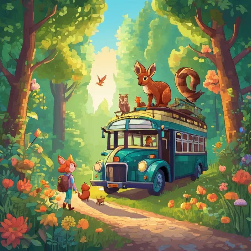 As the Forest Bus roamed through the forest, Eve, Julia, and the kitten encountered all sorts of fascinating creatures. They met talking squirrels, a gentle deer with a crown of flowers, and even a wise owl who told them stories of the secret wonders hidden within the forest. After a thrilling day of whimsical adventures, the Forest Bus returned Eve, Julia, and their new kitten friend safely back to their town. Eve thanked the magical bus, and in a blink of an eye, it disappeared as mysteriously as it had appeared.