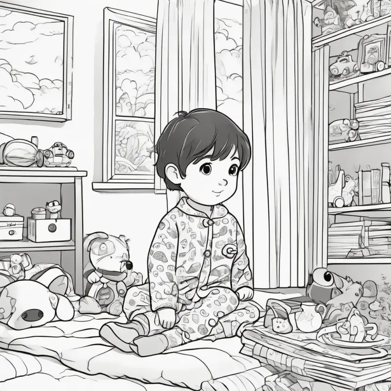 Short, brown hair, inquisitive eyes, pajamas's room, toys look unusual, morning