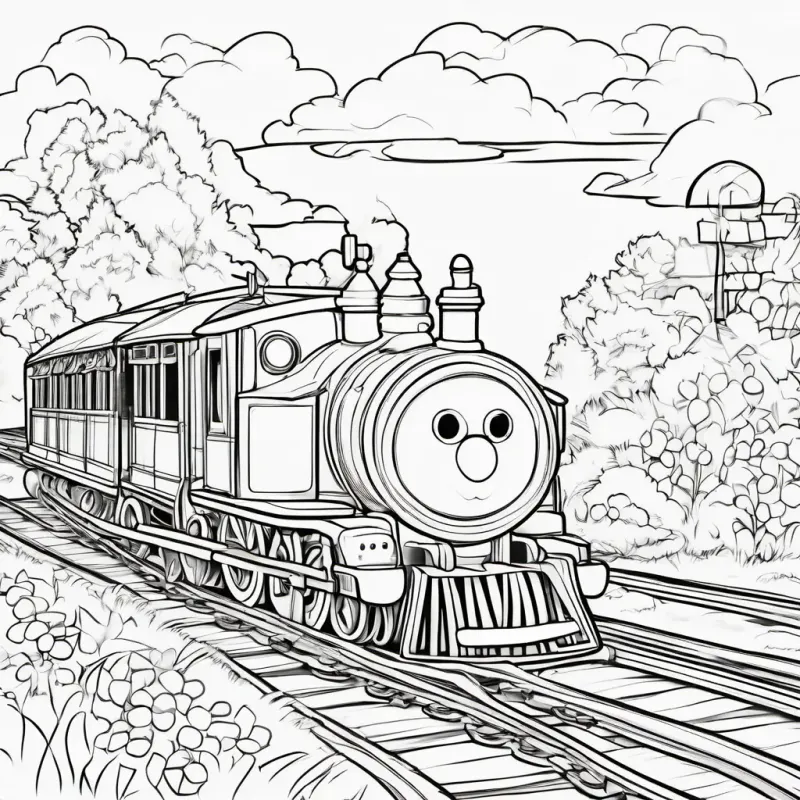 Teddy bear smiling, toy train looks ready to go