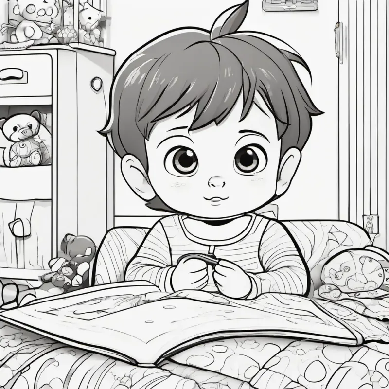 Short, brown hair, inquisitive eyes, pajamas shocked, toys are alive