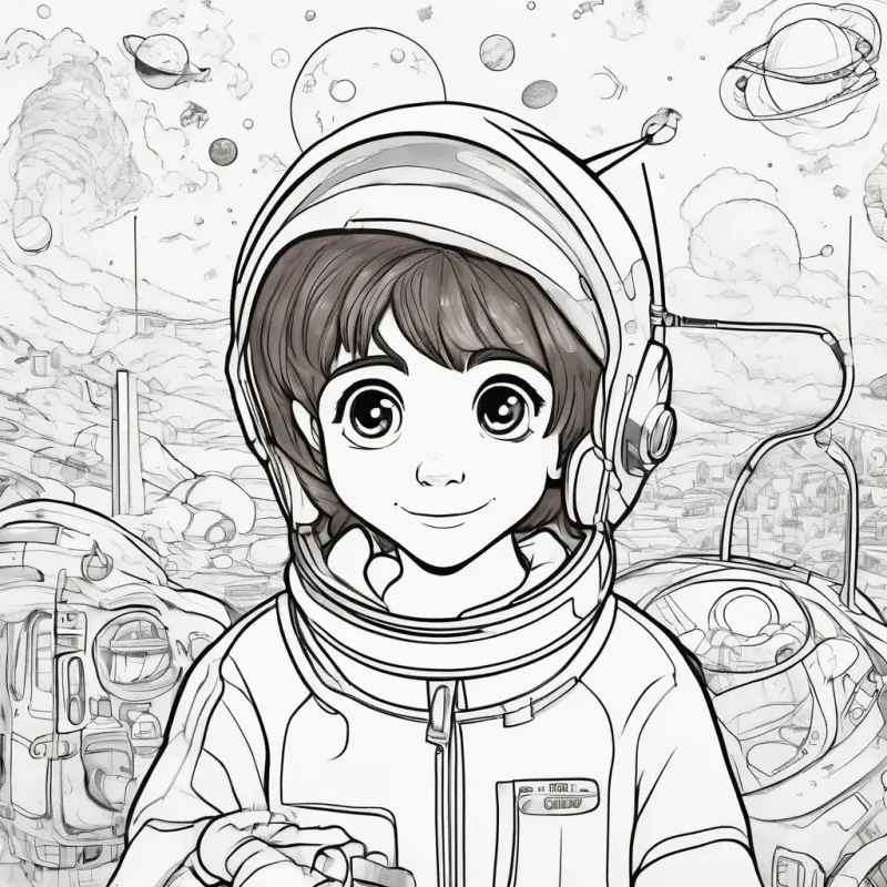 Metallic, blinking lights, friendly antenna dreams of space, Short, brown hair, inquisitive eyes, pajamas promises to learn