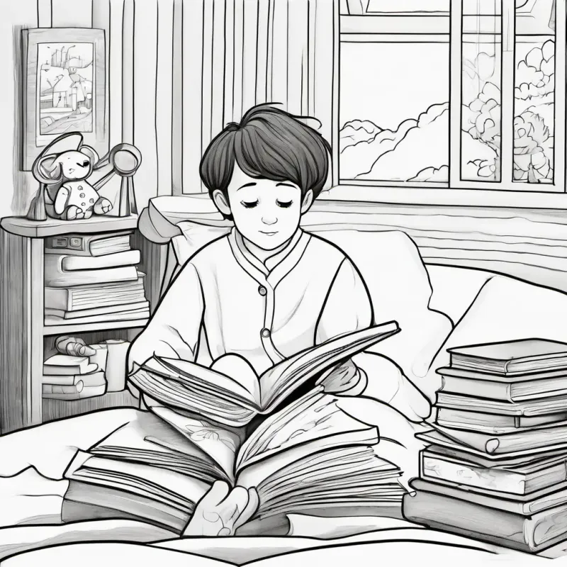 Evening, toys tired, Short, brown hair, inquisitive eyes, pajamas reads bedtime story