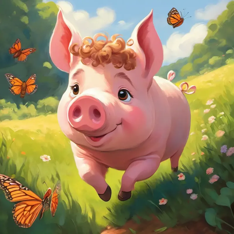 Hongi is a little pig with a round body and curly hair ran after a butterfly and didn't notice he was getting far from his mama.