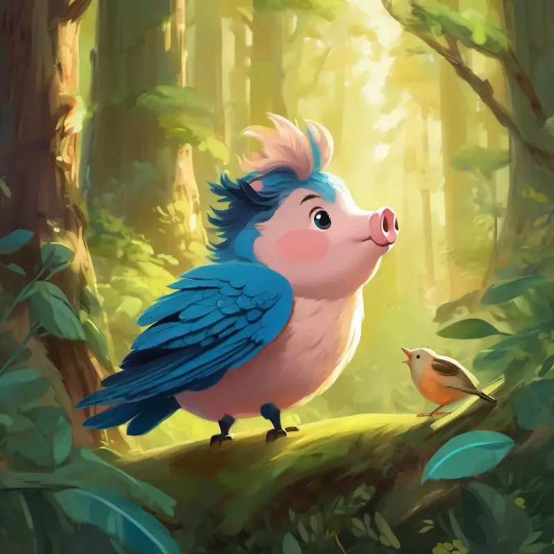 Hongi is a little pig with a round body and curly hair heard a beautiful song from a tui bird with shiny feathers, who told him to sing his own song and let the forest guide him.