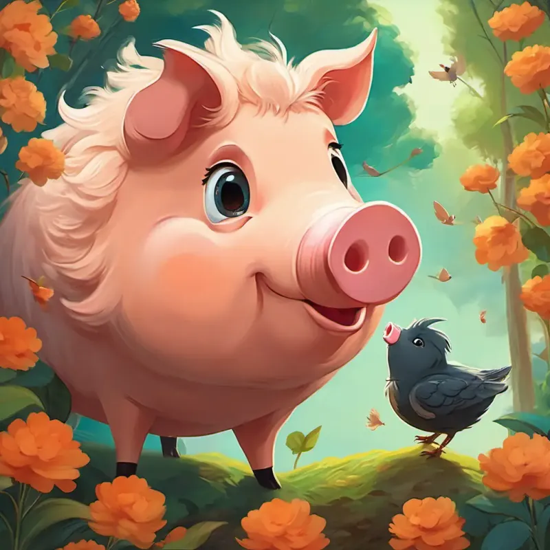 Hongi is a little pig with a round body and curly hair met a fantail bird with a bushy tail, who told him to use his nose to smell his mama's scent and find his way home.