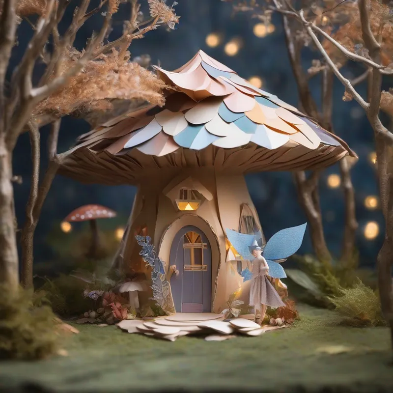 Kind fairy with sparkly wings and flowy dress in her mushroom house surrounded by twinkling trees