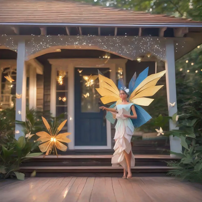 Kind fairy with sparkly wings and flowy dress on her porch with sparkly wings and fireflies