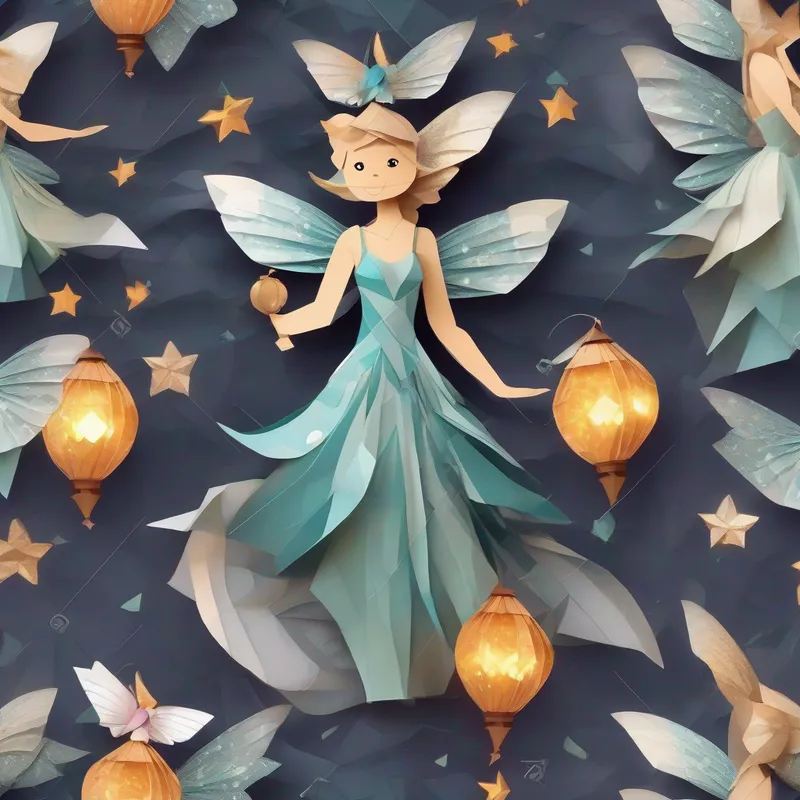 Kind fairy with sparkly wings and flowy dress with a smile, holding a lantern, ready for adventure
