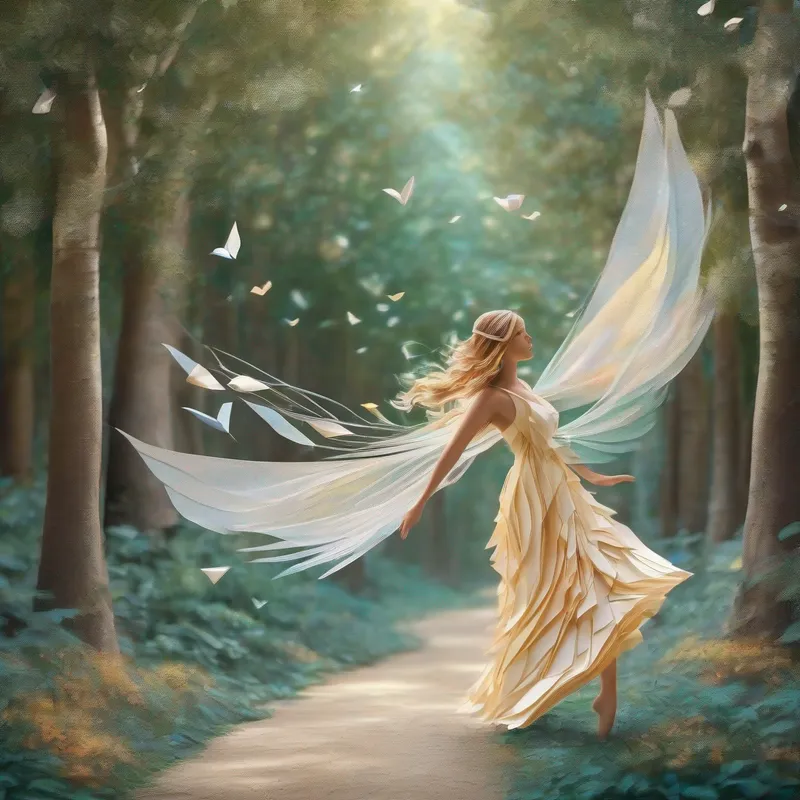 Kind fairy with sparkly wings and flowy dress walking on a path, with trees whispering and wind carrying stories