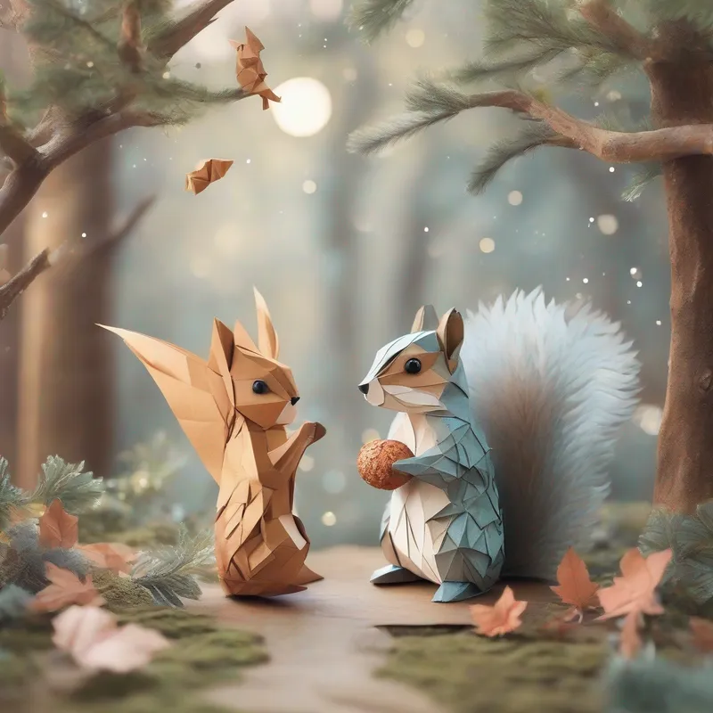 Kind fairy with sparkly wings and flowy dress meeting Playful squirrel with fluffy tail, a squirrel, in the forest