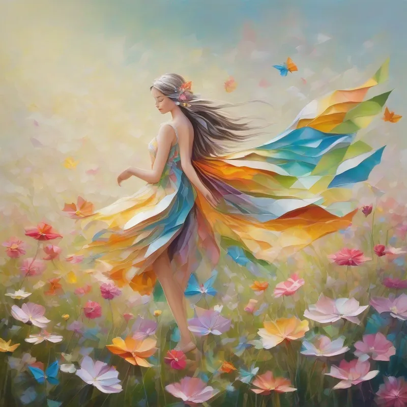 Kind fairy with sparkly wings and flowy dress in a meadow with colorful flowers swaying in the breeze