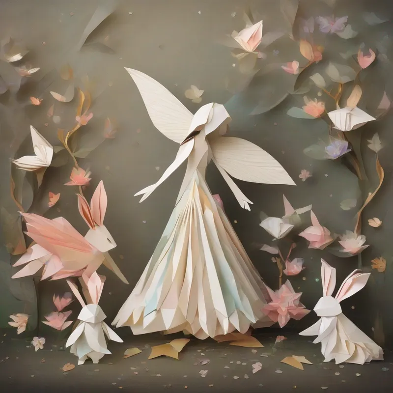 Kind fairy with sparkly wings and flowy dress playing hide-and-seek with a family of bunnies