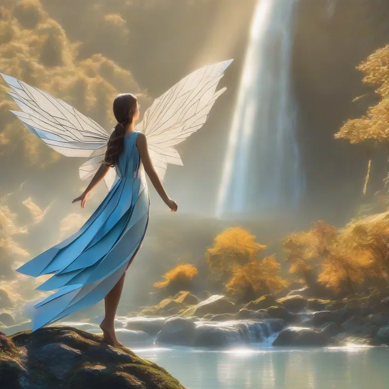 Kind fairy with sparkly wings and flowy dress on a hill, looking at a waterfall with sunlight glistening on the water