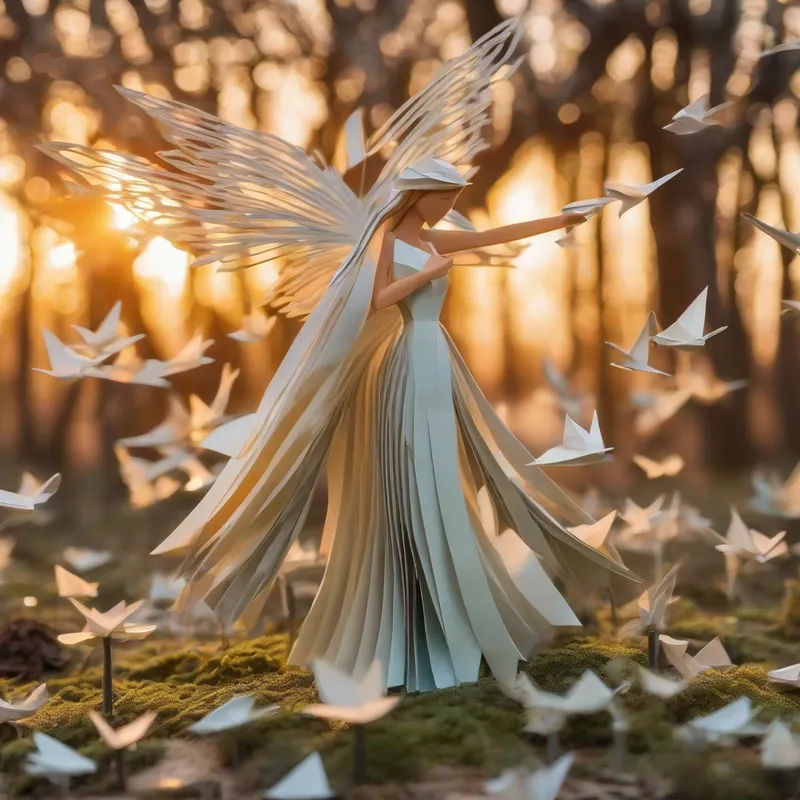 Kind fairy with sparkly wings and flowy dress in a grove of singing trees as the sun sets