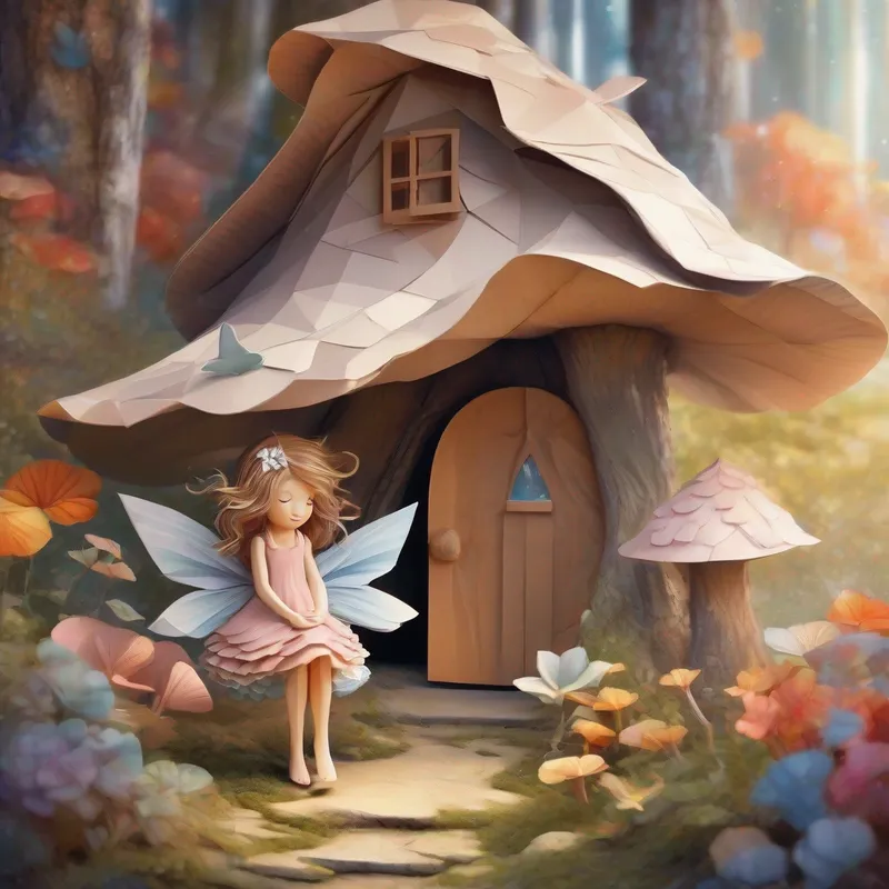 Kind fairy with sparkly wings and flowy dress back in her mushroom house, closing her eyes with a smile