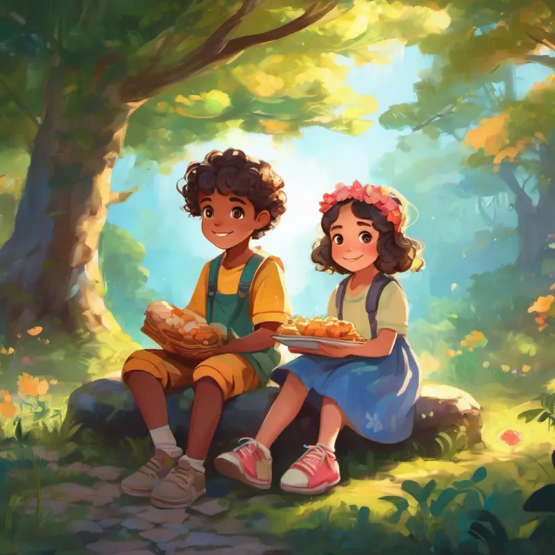 6-year-old girl, bright eyes, wears a colorful dress, Boy with a leg brace, shy, becomes a friend, and Classmate with curly hair, wears a big headband eat together, share food and stories, strengthening bonds.