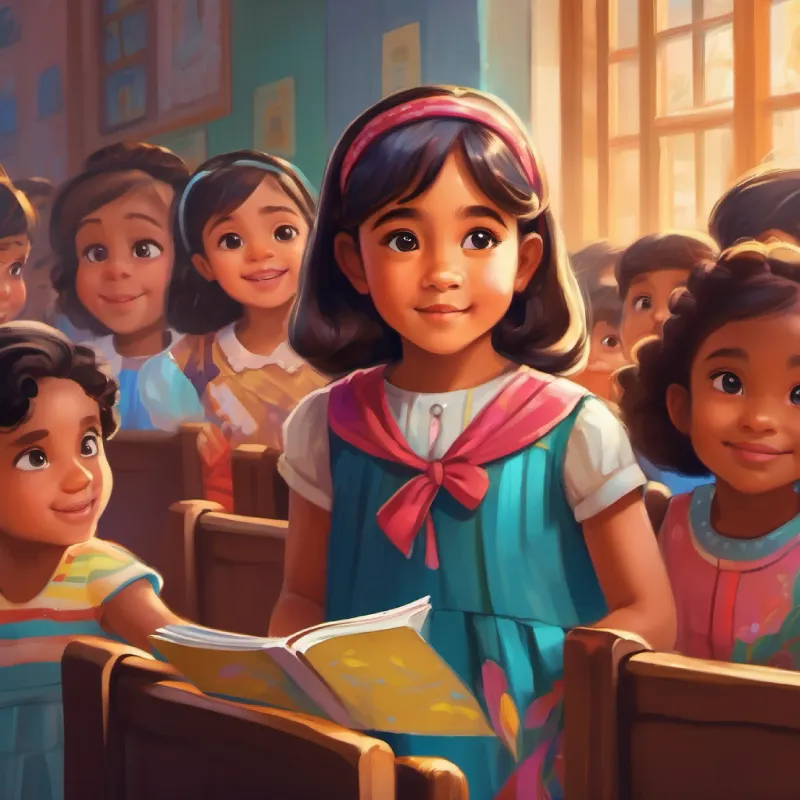 6-year-old girl, bright eyes, wears a colorful dress observes diversity among her classmates, noticing their differences.