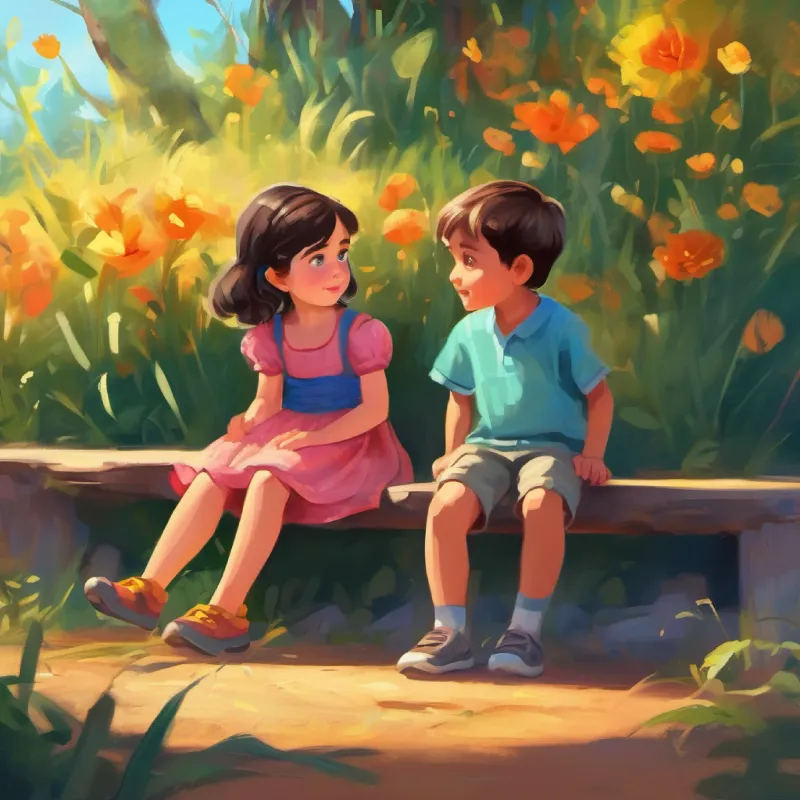 6-year-old girl, bright eyes, wears a colorful dress sees Boy with a leg brace, shy, becomes a friend alone, observes his leg brace, feeling curious and concerned.