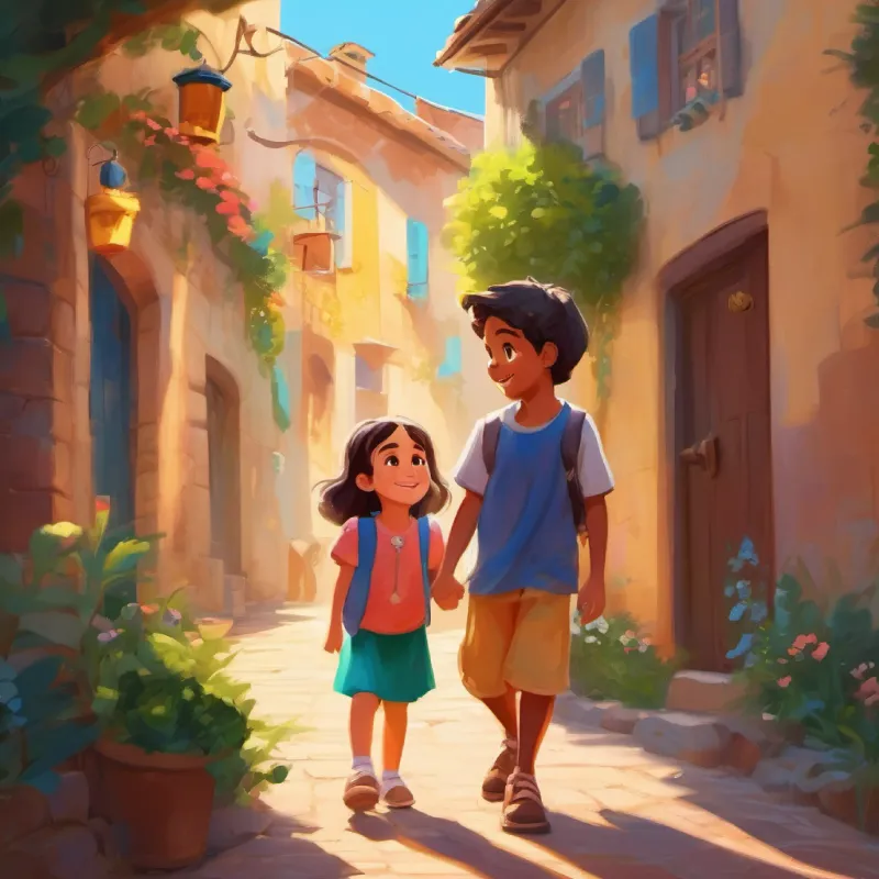 6-year-old girl, bright eyes, wears a colorful dress approaches Boy with a leg brace, shy, becomes a friend with a friendly offer, showing inclusivity and kindness.