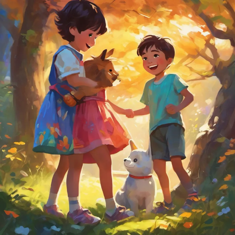 Boy with a leg brace, shy, becomes a friend accepts 6-year-old girl, bright eyes, wears a colorful dress's offer as they play and laugh, forming a new friendship.