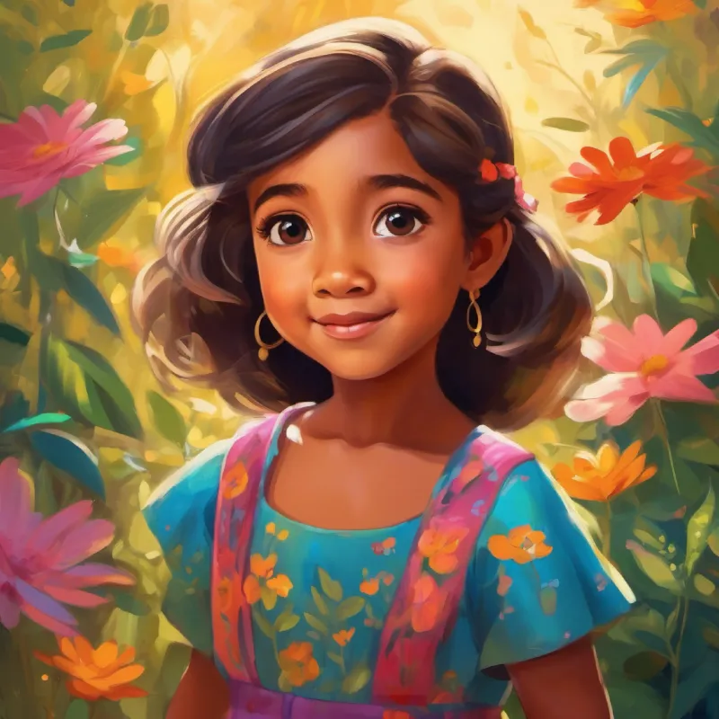6-year-old girl, bright eyes, wears a colorful dress connects the story to her classmates, gaining insight into diversity.