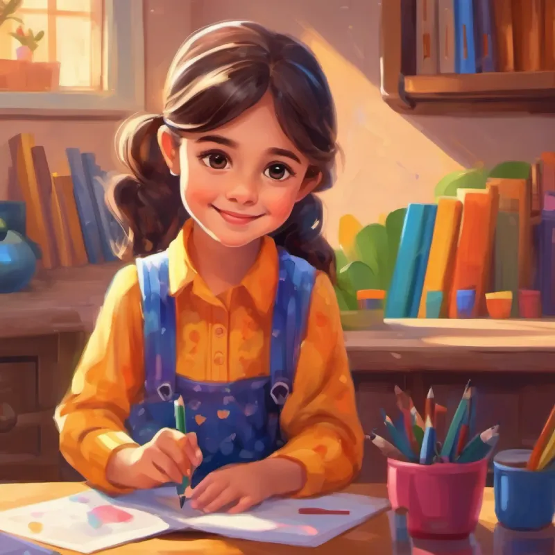 6-year-old girl, bright eyes, wears a colorful dress prepares for school, wearing her favorite clothes, feeling excited., cartoon style and her teacher