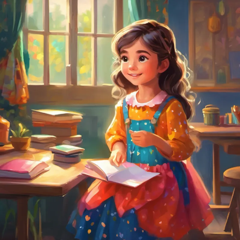 6-year-old girl, bright eyes, wears a colorful dress prepares for school, wearing her favorite clothes, feeling excited.