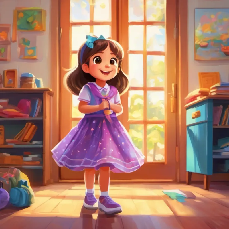 6-year-old girl, bright eyes, wears a colorful dress prepares for school, wearing her favorite clothes, feeling excited., cartoon style
