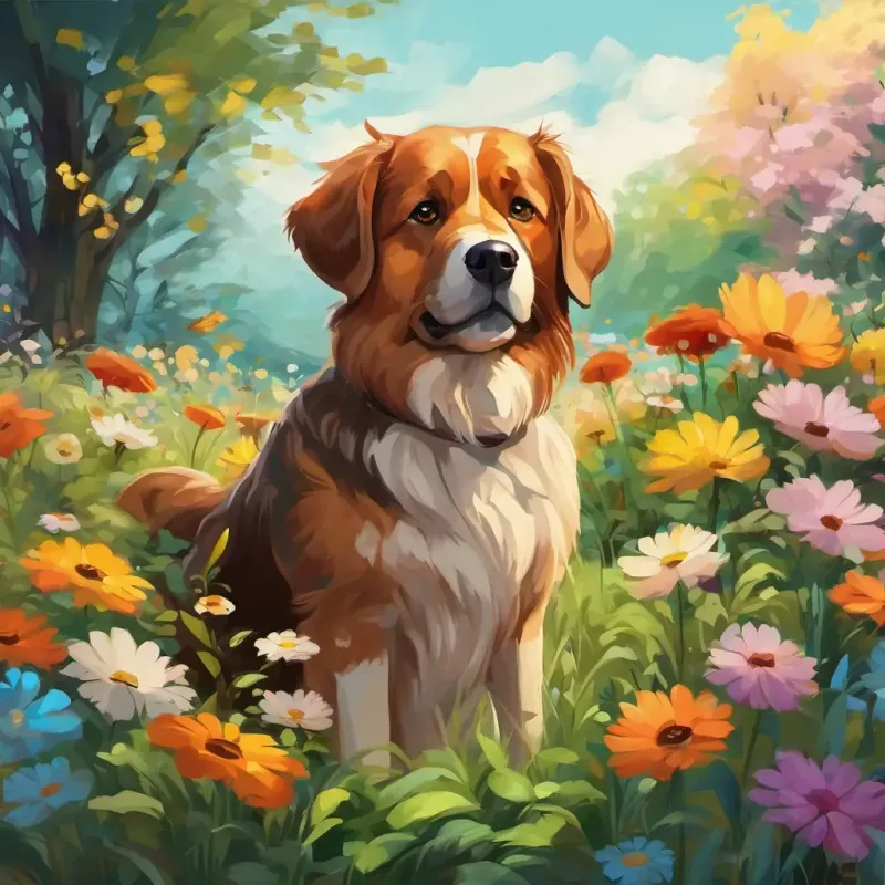 Der Garten ist voller bunter Blumen und hohen Bäumen. Ein kleiner brauner Hund mit funkelnden braunen Augen läuft freudig umher und springt über Grashügel.
