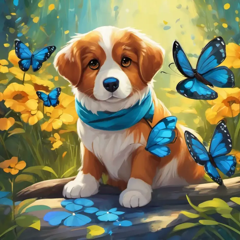 Der Schmetterling ist blau mit wunderschönen gelben Flecken auf den Flügeln. Ein kleiner brauner Hund mit funkelnden braunen Augen springt und bellt, während er versucht, den Schmetterling zu fangen.