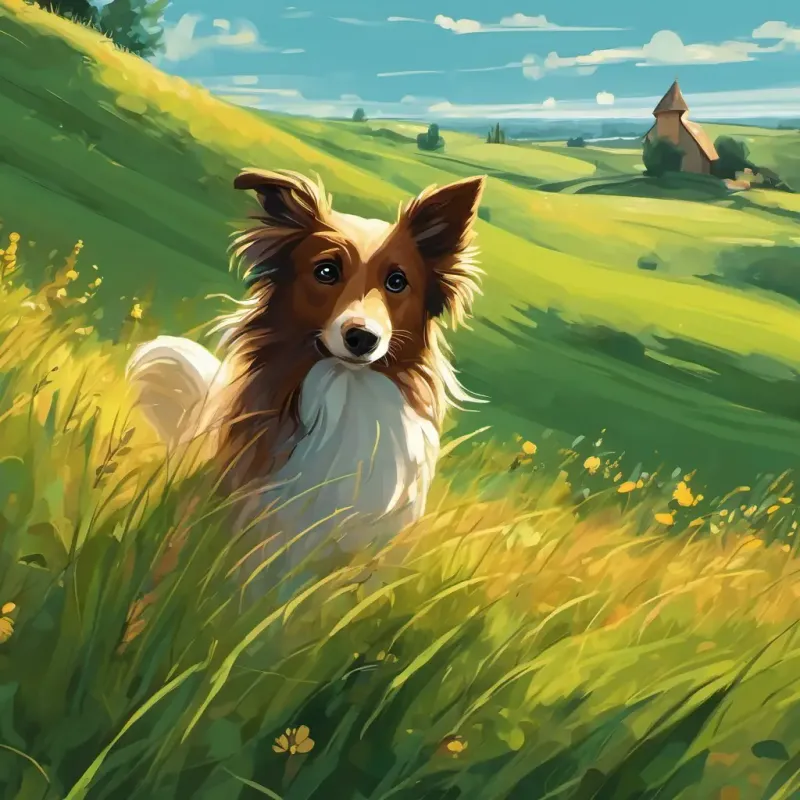 Der Hügel hat saftiges grünes Gras und bietet eine atemberaubende Aussicht auf die Umgebung. Ein kleiner brauner Hund mit funkelnden braunen Augen steht oben auf dem Hügel und bewundert die Landschaft.