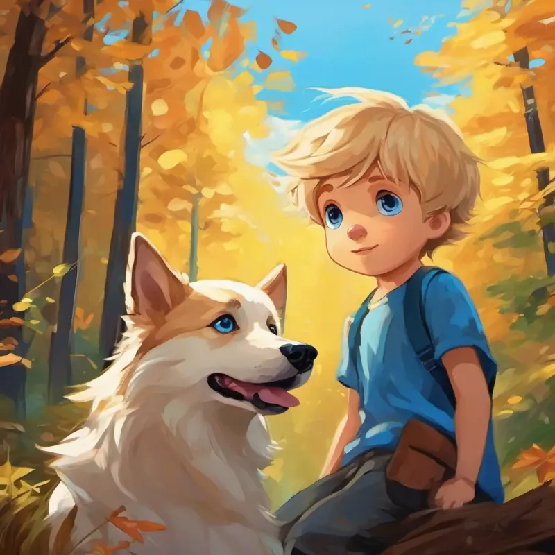 Jonas ist ein junger Junge mit blonden Haaren und blauen Augen. Er sucht Ein kleiner brauner Hund mit funkelnden braunen Augen und ruft nach ihm.