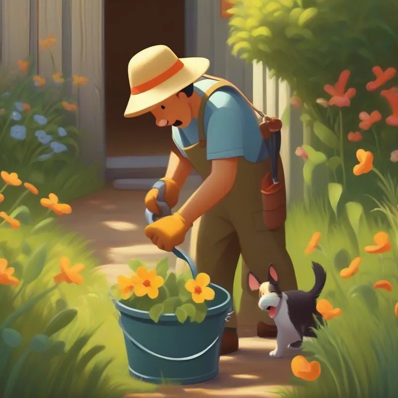 Dog finding mouse stuck in a bucket, kind gardener helping.