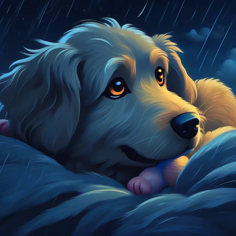 Dog and mouse cuddling during a stormy night.