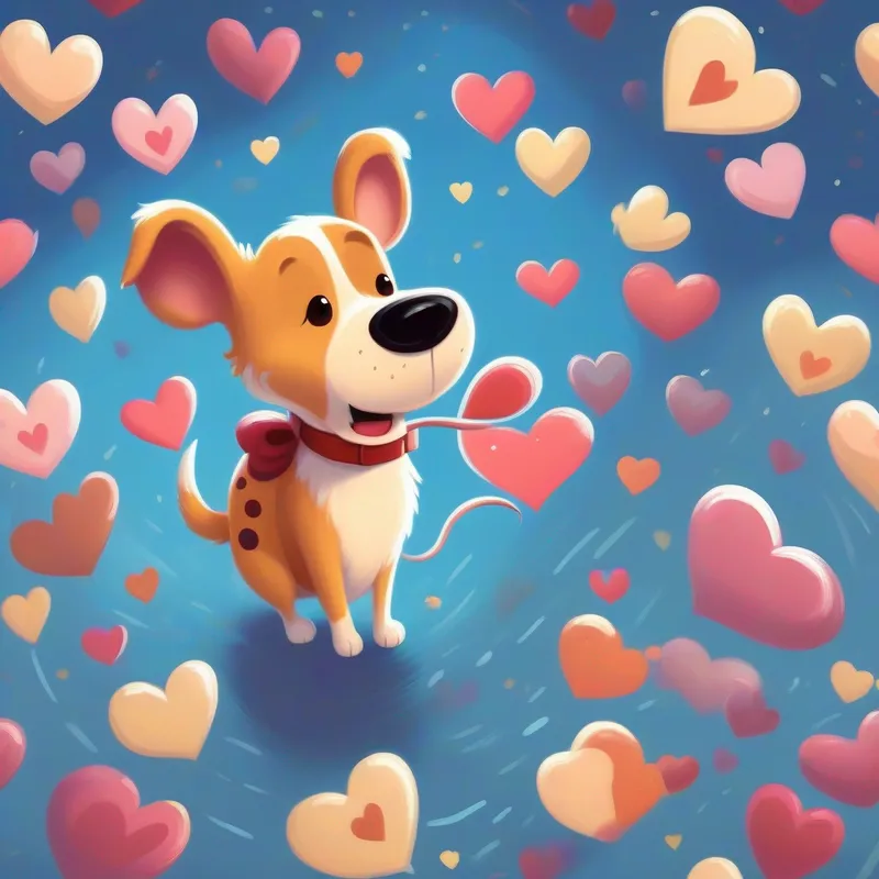 Dog and mouse saying goodbye, hearts floating in the air.