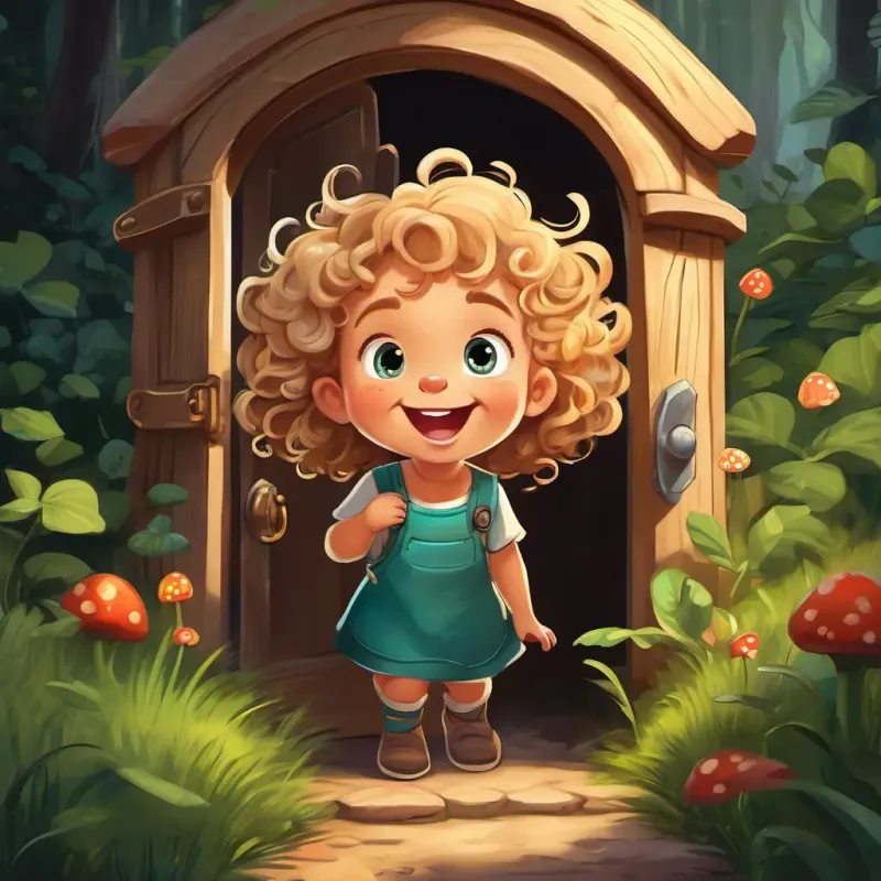 Caucasian female toddler with dirty blonde curly hair, cheeky grin, contagious laugh with dirty blonde curly hair, a cheeky grin in her backyard, finding a secret door in a magical forest.