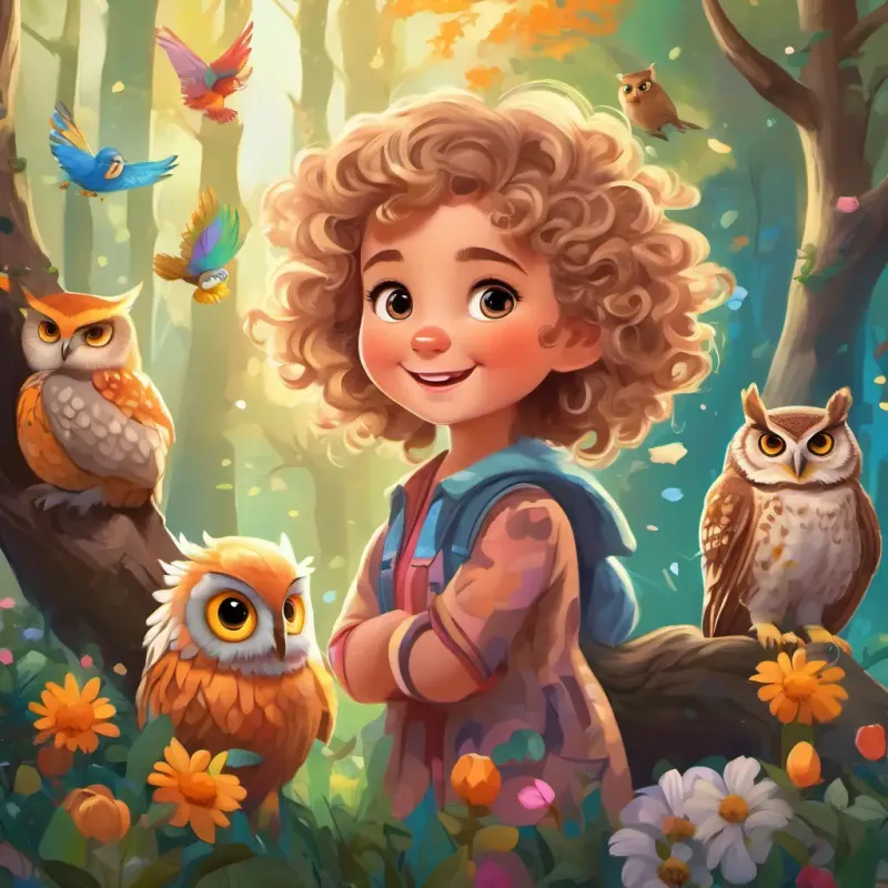 Caucasian female toddler with dirty blonde curly hair, cheeky grin, contagious laugh with her curly hair and cheeky grin meeting talking animals, colorful flowers, and a wise owl named Wise owl with soft feathers, big round eyes, and a gentle voice in the magical forest.