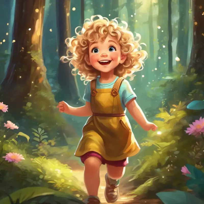 Caucasian female toddler with dirty blonde curly hair, cheeky grin, contagious laugh using her cleverness to overcome obstacles in the magical forest, rewarded with sparkly fairy dust.