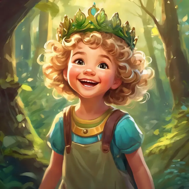 Caucasian female toddler with dirty blonde curly hair, cheeky grin, contagious laugh wearing the magical crown, spreading joy, laughter, and kindness in the magical forest, promising to protect it forever.