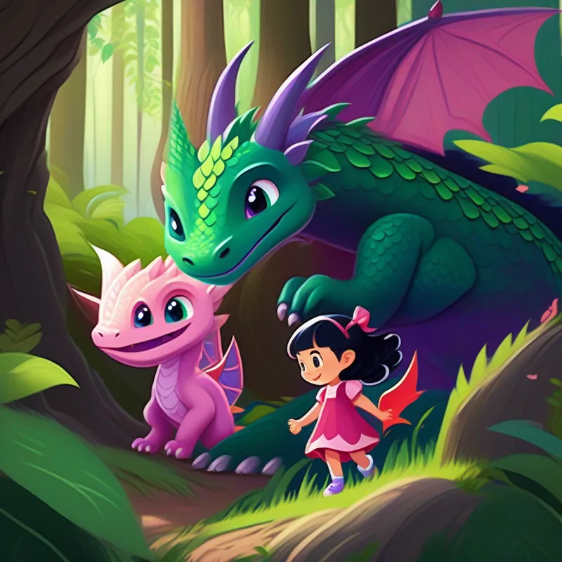 Enna: Blonde hair, happy smile, purple dress, blue shoes and Lili: Black hair, curious eyes, pink shirt, green pants find Sparkle the Dragon: Shiny scales, red wings, friendly eyes the baby dragon in the forest.